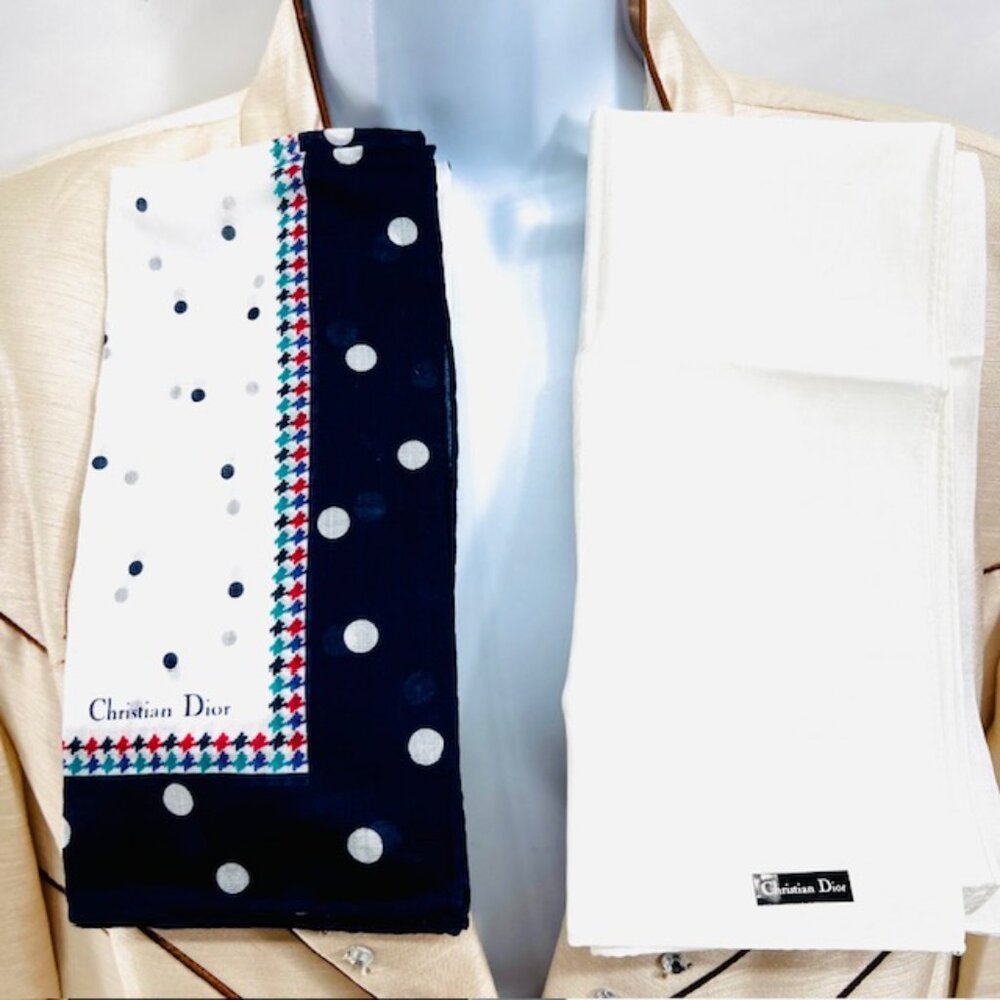 (2) New   Christian dior MiniScarf/Handker18" , silk/ cotton Bule White dott(86)